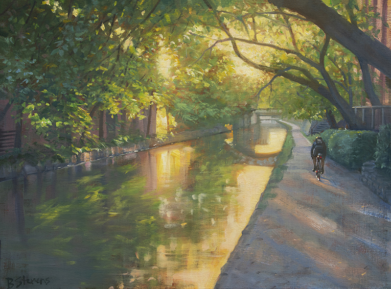 A-Long-Way-Home, oil painting, landscape painting, cityscape painting, Washington DC cityscape, C & O Canal in Georgetown, painting of cyclist on towpath in Georgetown, sunlight on C&O Canal with cyclist on towpath, Washington DC neighborhood