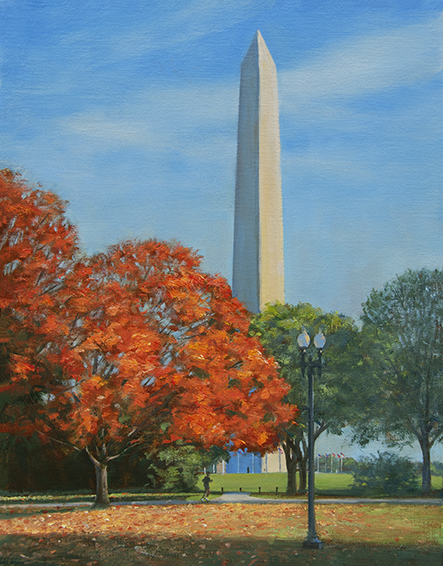 Monument-Maples, oil painting, Washington DC landscape painting, Washington DC cityscape,  Washington monument,  painting of Washington Monument with fall colors, autumn in  Washington DC