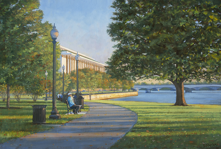 Revive, oil painting, Washington DC landscape painting, Washington DC cityscape painting, view of Kennedy Center from  Potomac Boathouse,  view of path along Potomac River to Kennedy Center,  springtime in Washington DC,  painting of people walking along Potomac River