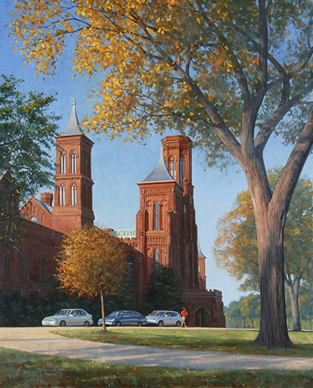 Smithsonian, oil painting, landscape painting, historical buildings in Washington DC, Washington DC cityscape, painting of Old Smithsonian Building,  Washington  DC landmarks, painting of Smithsonian Museum,  Smithsonian Towers, autumn colors in Washington DC