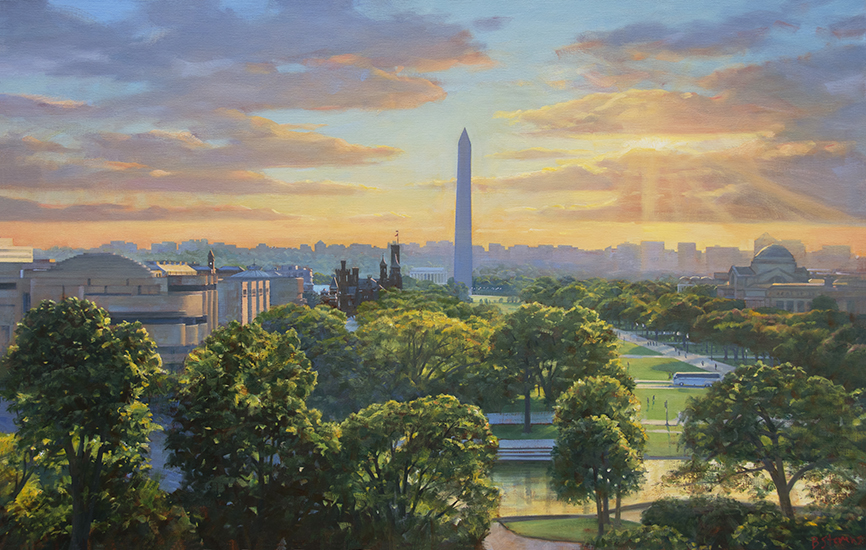 Speakers-Perch, oil painting, Washington DC cityscape, Washington DC landscape painting, view of  Washington Monument from Office of the Speaker of the House,  view of the Washington Monument from  US Capitol, painting of The Mall and Washington Monument