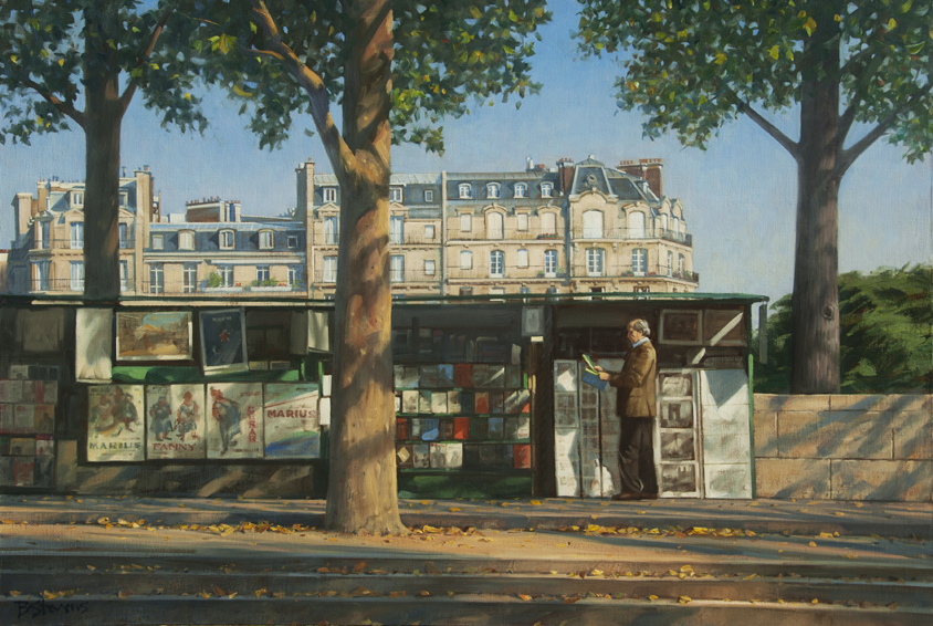 les-bouquinistes, oil painting, French cityscape, Paris street scene, painting of booksellers on the Paris quais, Seine River