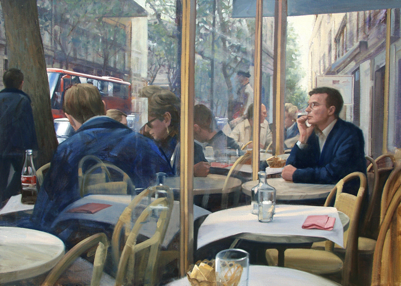 looking out, oil painting, French cityscape, Paris cityscape painting, people in a French cafe, Paris street scene, Cafe Flor