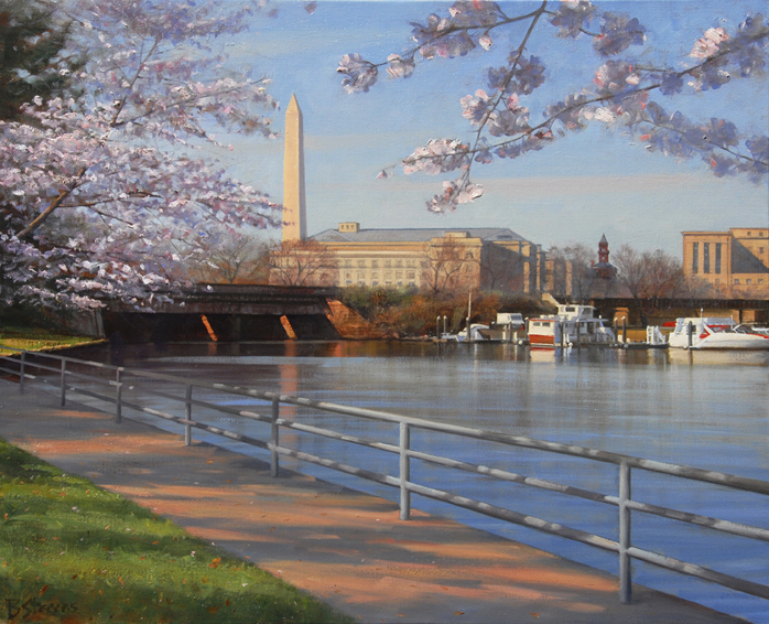 channel blossoms, cityscape painting, oil painting, Washington DC Tidal Basin, cherry blossoms