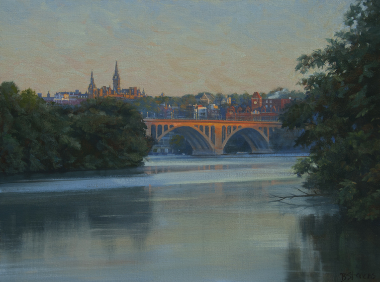 georgetown sunrise, cityscape painting, oil painting, Washington DC cityscape, Potomac River scene, Key Bridge, Georgetown University