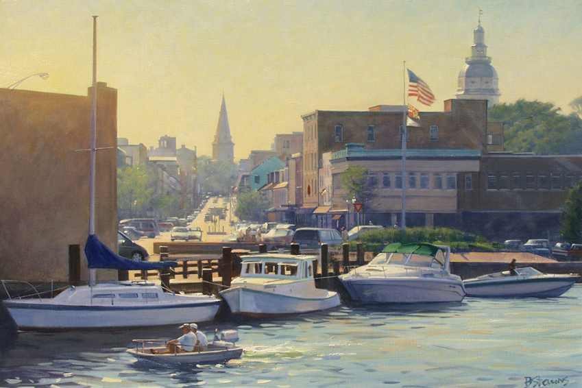 annapolis afternoon, cityscape painting, oil painting, Annapolis harbor scene, boats in Annapolis harbor