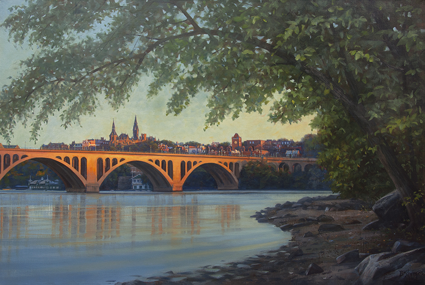 georgetown-sunrise, landscape painting, oil painting, Key Bridge, Georgetown University, Potomac River painting, Washington DC painting, Key Bridge painting