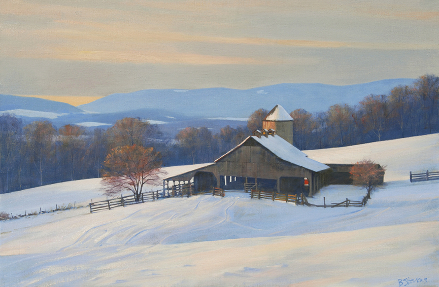 snow in the piedmont, landscape painting, oil painting, Virginia winter landscape, Virginia farm scene in winter, Fauquier County winter landscape