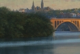 tranquil-morning, landscape painting, Washington, DC art, Georgetown University, Key Bridge, rowers, Potomac river.