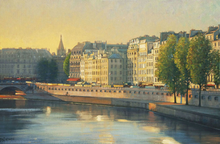 saint-michel-morning, oil painting, Paris cityscape, Paris landscape painting, Paris bridges, Saint-Michel bridge Paris, Seine River painting, Paris quais
