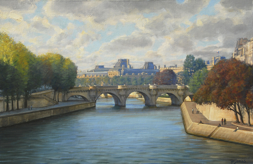 the-path-of-the-seine, oil painting, Paris landscape painting, Paris cityscape painting, Seine River landscape painting, Paris bridge painting, Paris in autumn painting, River Seine painting