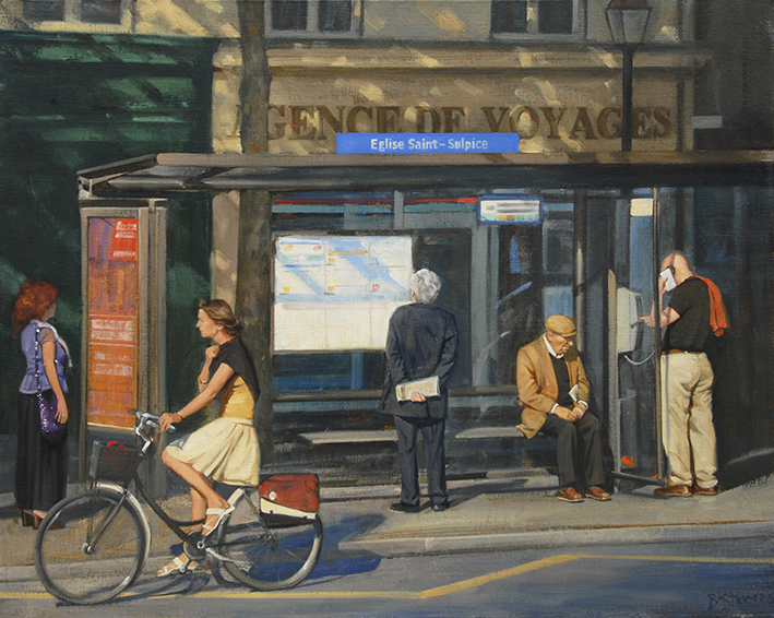Waiting-for-the-63, cityscapes painting, oil painting, painting of Paris street scene, painting of people waiting at a bus stop in Paris, French painting, Paris cityscape