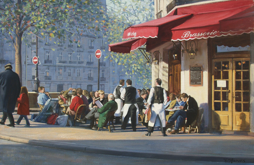 en-plein-air, oil painting, Paris landscape painting, Paris cityscape painting, Ile St Louis cafe painting, Ile St Louis cafe scene