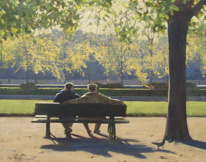 entre-amis, oil painting, Paris cityscape painting, Paris landscape painting, Paris park landscape painting, Paris park bench scene