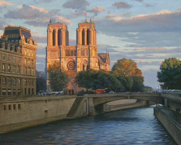 last-light-on-notre-dame, oil painting, Paris landscape painting, Paris cityscape painting, painting of Notre Dame Paris, Notre Dame and River Seine painting, Notre Dame at sunset painting