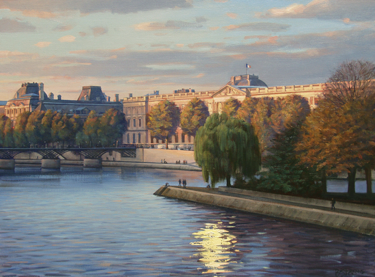 towards-the-louvre, oil painting, French cityscape painting, French landscape painting, Paris cityscape painting, Paris Louvre painting, Paris in autumn painting