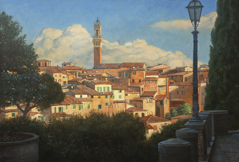 approach-to-siena, cityscape painting, oil painting, Tuscany landscape, Siena hilltop painting, Italian village painting, Tuscan village, Duomo di Siena tower, Siena cathedral