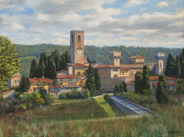 memories-of-chianti, Italian village painting, oil painting, cityscape painting, Chianti landscape, Tuscan village landscape, Badia a Passignano