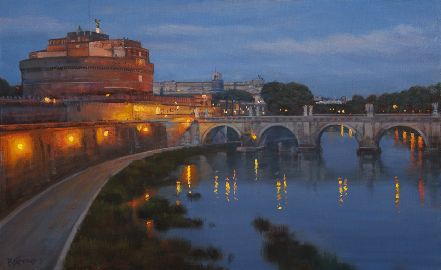 roman-nocturne, cityscape painting, oil painting, Tiber River painting, Roman bridge painting, Ponte Sant'Angelo