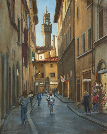 towards-the-palazzo-vecchio, Florence cityscape painting, oil painting, Florence city street, people walking streets of Florence, Palazzo Vecchio tower, Firenze, Piazza della Signoria
