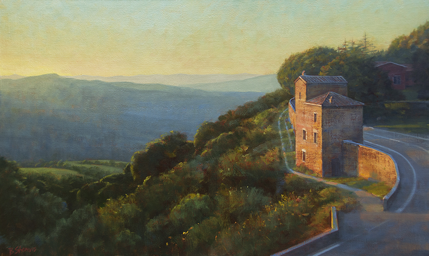 tuscan-sunset, Tuscan village painting, oil painting, Italian landscape painting, Italian village painting, Italian hilltop, Montalcino