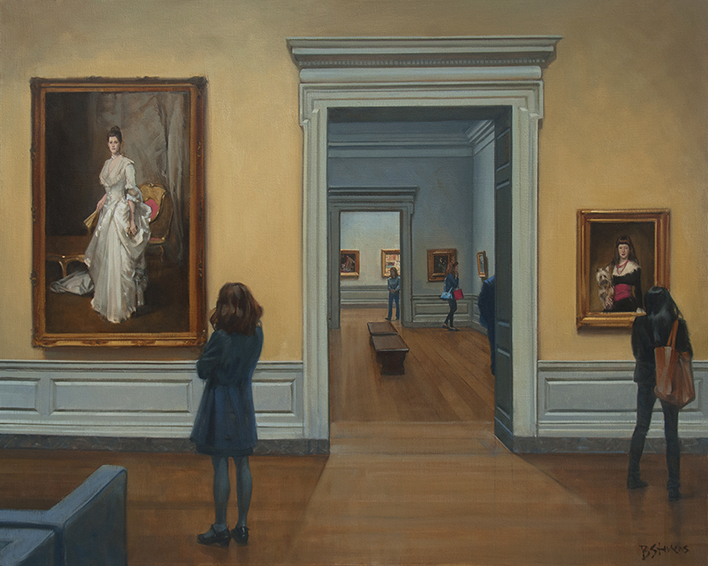 Inspiration, museum interior painting, oil painting, National Gallery Interior, people looking at art, John Singer Sargent portrait, Mrs. Henry White, Margaret Stuyvesant Rutherford White, National Gallery of Art Washington D.C.