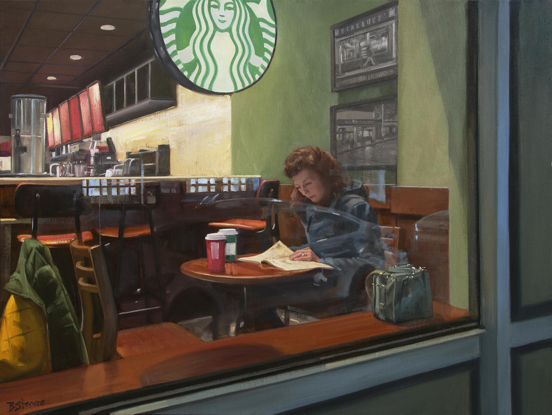 waiting, interior paintings, oil painting, cafe paintings, coffee bar, Starbucks, figurative painting, Seattle, paintings of Seattle, American realism, contemporary realism, American realist painter