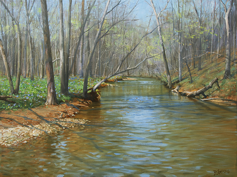 Early-Spring, landscape painting, oil painting, Virginia landscape painting, Broad Run Virginia, Broad Run bluebells, spring in Virginia, painting of bluebells along a river