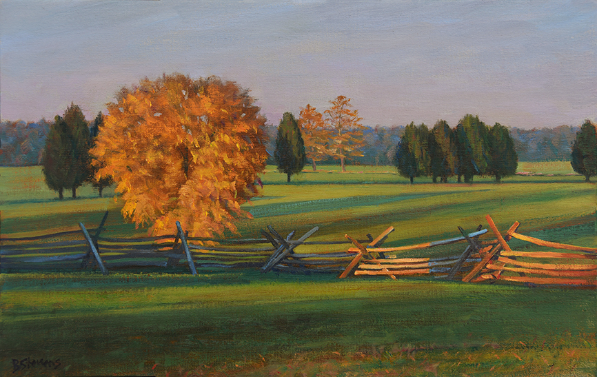 manassas-shadows, realistic oil painting, Manassas National Park, Virginia landscape, autumn colors, pastoral landscape, Civil War battlefield.