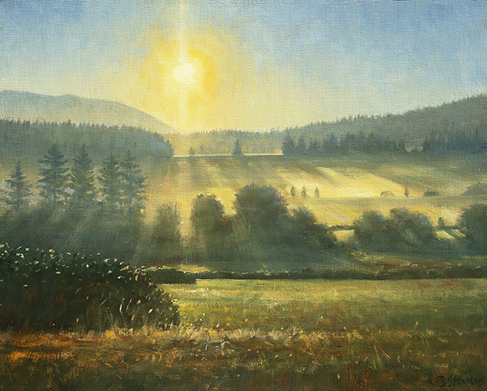 Misty-Morning-Crow-Valley, landscape painting, oil painting, Pacific Northwest landscape painting, San Juan Islands, Orcas Island, Crow Valley, Mt. Constitution