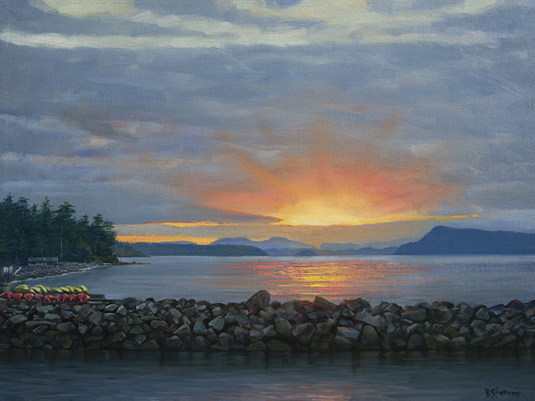 Tomorrow's-Promise, landscape painting, oil painting, Pacific Northwest landscape painting, view of the Canadian San Juans from North Beach, Pender  Island, San Juan Islands, Orcas Island, sunset view from North Beach on Orcas Island, sunset painting
