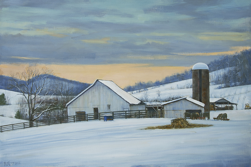 winter-farm, landscape painting, oil painting, Virginia landscape painting, snow scene with barn and silo, winter in Virginia