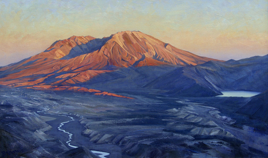 aftermath, landscape painting, oil painting, Pacific Northwest landscape painting, Mt. St. Helens, view of Mt. St. Helens at sunset, volcano painting, Washington State mountains
