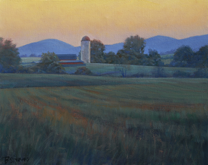 farm-at-dusk, Virginia landscape painting, landscape painting, oil painting, rolling hills of Virginia, painting of Blue Ridge mountains at sunset with farm and fields, sunset painting