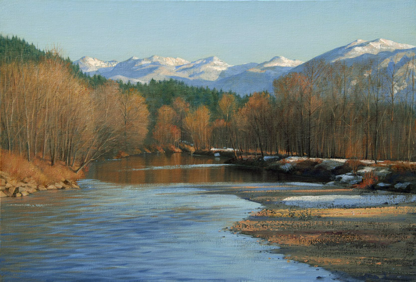 snoqualmie-solitude, landscape painting, oil painting, Pacific Northwest landscape painting, view of Cascade Mountains from Snoqualmie River,  Snoqualmie Valley in winter