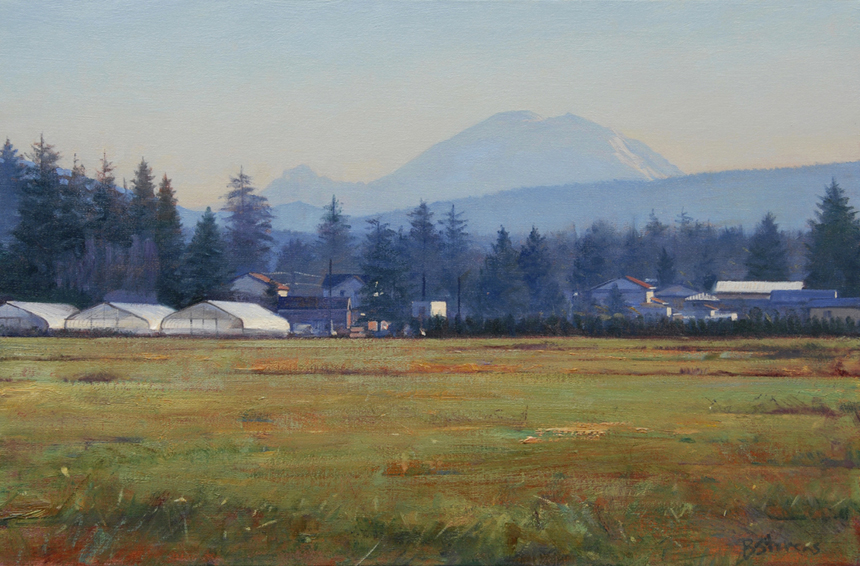 winters-mist, landscape painting, oil painting, Pacific Northwest landscape painting, Carnation Valley, view of Mt. Rainier from Carnation Valley in winter