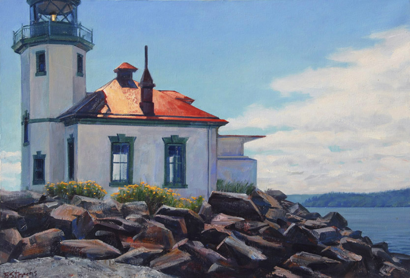 alki point lighthouse, lighthouse painting, landscape painting, oil painting