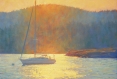 evening mooring, Pacific Northwest landscape painting, oil painting, landscape painting, sailboat painting, Fishing Bay Orcas Island, Madrona Point, Indian Island, Eastsound WA, Orcas Island water painting